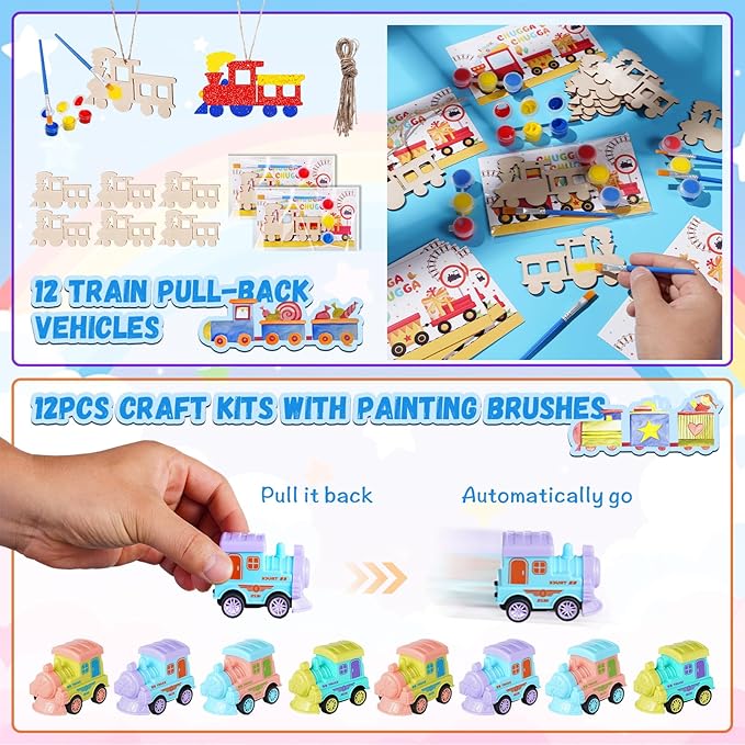 Vanblue 122Pcs Train Party Favors Birthday Themed Party Decoration Choo Choo Party Supplies Pull-back Vehicle Toys Gift for Boys Treat Gift Bags Stuffers Pinata Filler Classroom Rewards