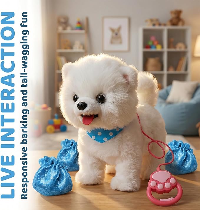 Wuffy Interactive Robot Dog Toy for Kids, Realistic Walking Plush Puppy with Touch Sensor, Voice Mimic & Licking Motion, Leash Remote Control, Screen-Free Pet for Ages 3+