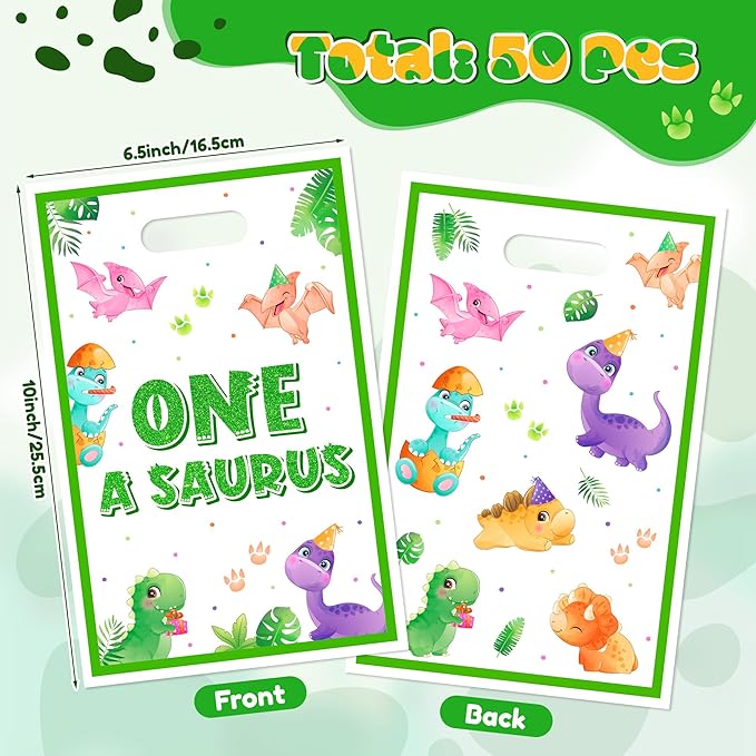 Dinosaur 1st Birthday Party Favor Bags - 50Pcs One A Saurus Green Goody Candy Treat Bags, Cute Dinosaur Theme Plastic One Birthday Party Favor Supplies Decorations for Kids Boys Girls Baby Shower