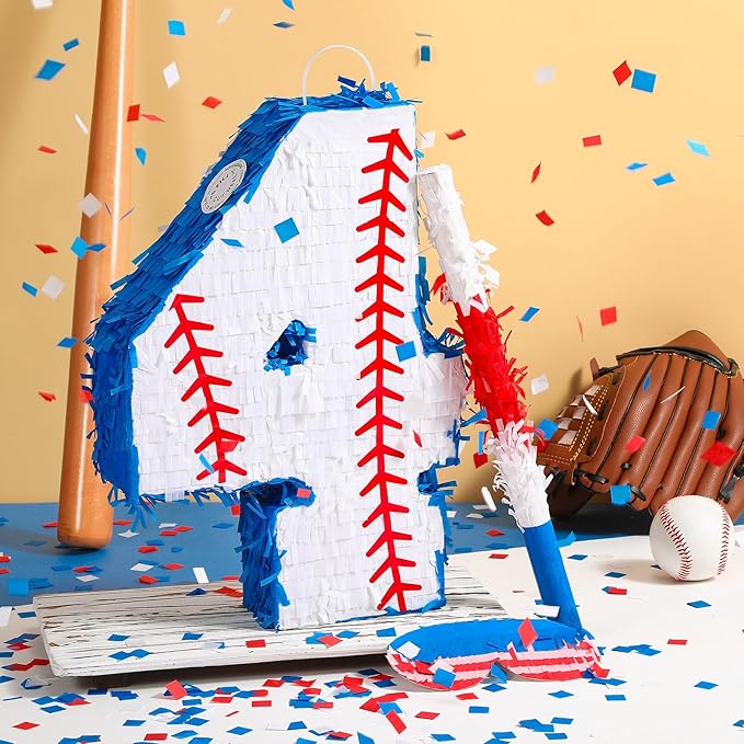 HyDren Baseball Piñata Baseball Party Decorations Number Piñata with Bat, Blindfold and Confetti, 16 Inch Sports Themed Birthday Party Supplies for Celebration Events(Number 4)