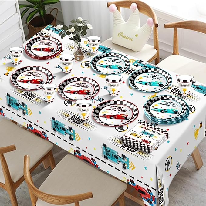 Race Car Birthday Party Decorations Supplies Set Includes Plates Napkins Cups Banner and Tablecloth for Race Car Party Decorations, Serve 24
