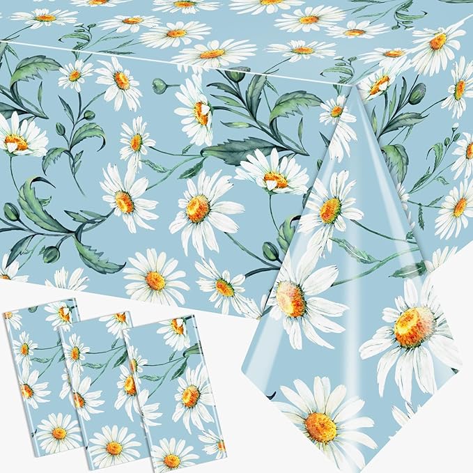 Spring Daisy Flower Tablecloth,3pcs Blue Flower Table Covers Plastic Rectangle Tablecloth for Retro Theme Daisy Birthday Party Decor