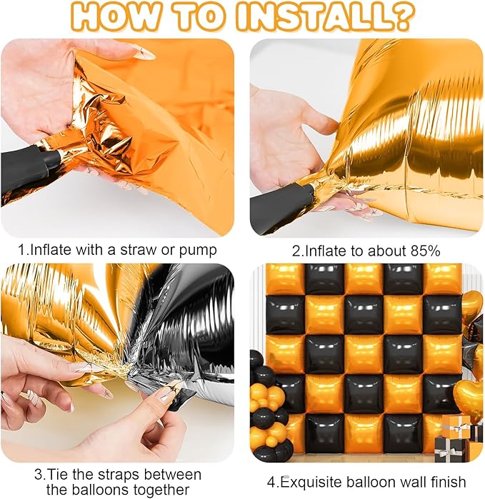 Black Orange Square Foil Balloon Wall,25Pcs Double Sided Foil Balloons Backdrop Helium Polyester Tunnel Arch Garland Kit for Birthday Graduations Anniversary Baby Shower Party Decorations