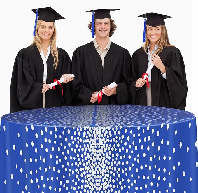 VitalCozy Round Dot Tablecloth 84 Inch Plastic Table Cover Polka Dot Confetti Tablecloths for Easter 2026 Graduation Prom Wedding Birthday Spring Party Supplies(Blue and Silver,3 Pcs)