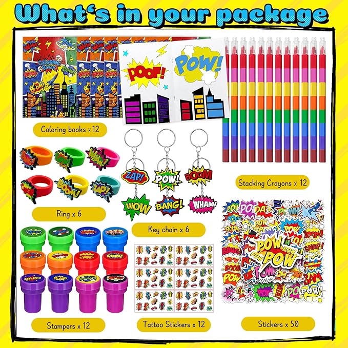 Cinrobiye 72 Pcs Hero Party Favors, Hero Coloring Books, Stickers, Tattoos, Stampers, Keychains, Rings, Rainbow Pencils, Comic Birthday Party Supplies, Goodie Bag Fillers, Prize Bulk Set