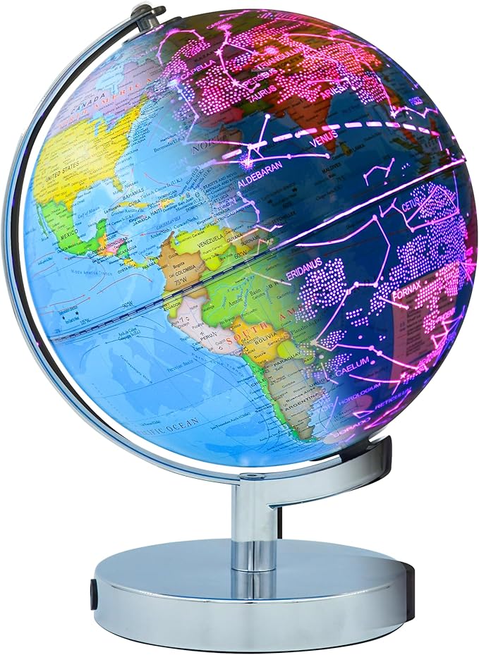 3-in-1 Illuminated World Globe for Children and Adults with Constellation Map, Color Changing Lamp for Learning & Education, Night Light for Kids Room and Desk Decor
