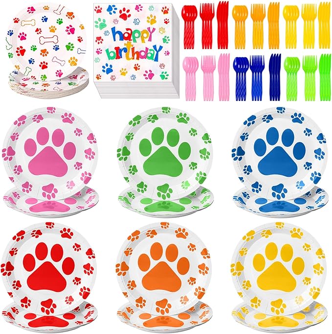 Gejoy 96pcs Dog Birthday Party Decorations Set Include Dog Print Plates Knives Forks Spoons Napkins Puppy Paw Tableware for Puppy Theme Party Supplies Kit(Bright Color)