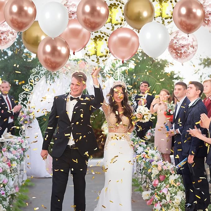 Rose Gold Confetti Balloons, 60 Packs 12 inch Metallic Rose Gold and Chrome Gold Party Balloon with Ribbon for Girls Women Birthday Wedding Anniversary Bridal Baby Shower Decoration