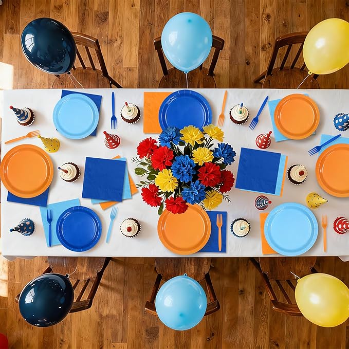 96Pcs Blue Theme Dog Birthday Party Decorations Blue Orange Dog Birthday Plates and Napkins Tableware Set Orange and Light Navy Blue Decoration for Boys Girls Cartoon Bday Party Supplies Serves 24