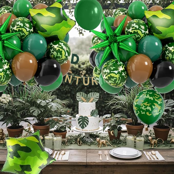 Camo Balloons, 12 Inch Green and Brown Party Balloons Camouflage Party Decoration with Star Foil Balloon for Hunting Camping Game Jungle Theme Camo Birthday Party Decorations