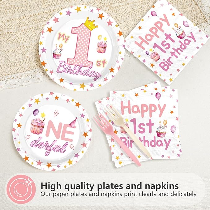 96 Pcs Pink First Birthday Party Decorations Sweet One Happy 1st Birthday Plates and Napkins Pink Party Crown Tableware Set for Girl 1-Year-Old-Birthday Supplies, Serves 24