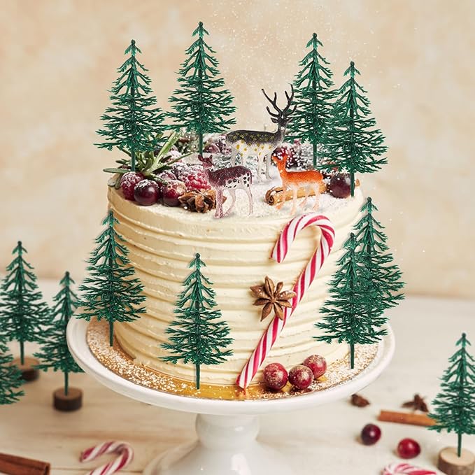 Hooqict 15Pcs Deer Christmas Tree Cake Topper with Tree Deer Figurines Hunting Cake Decorations for Winter Forest Woodland Birthday Party Supplies Animals Christmas Decorations