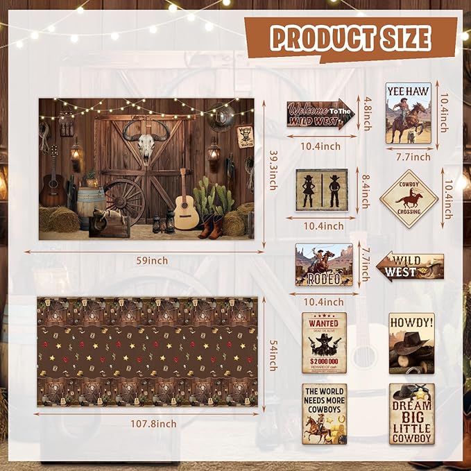 Western Party Decorations, Wild West Cowboy Retro Birthday Party Decor Supplies for Boy - Backdrop, Banner, Balloons, Tablecloth, Centerpieces, Hanging Swirl, Paper Glasses, Wall Signs