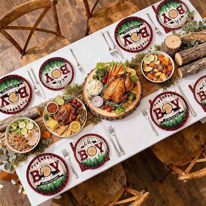 Lumberjack Baby Shower Party Decorations Buffalo Plaid Lumberjack Baby Boy Shower Plates and Napkins Set Wild Bear Forest A Little Baby Boy Decoration for Boys Camping Hunting Bear Supplies Serve 24