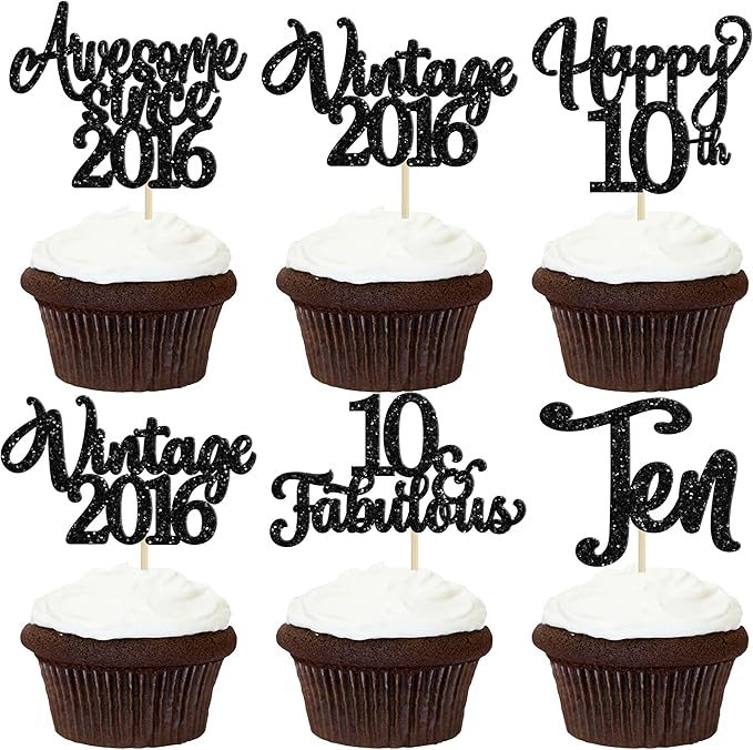 30Pcs Happy 10th Birthday Cupcake Toppers Glitter Ten Vintage 2016 Cupcake Picks Cheers to 10 Fabulous Cake Decorations for 10th Birthday Wedding Anniversary Party Supplies Black