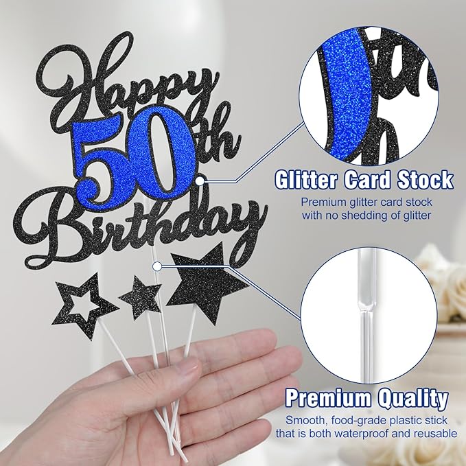 Happy 50th Birthday Cake Toppers, Black Blue Glitter Cake Decorations Set, 50th Birthday Decor, Birthday Anniversary Party Decorations Supplies