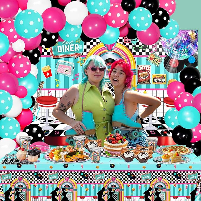 50s Party Decorations 280 PCS 1950s Retro Diner Decorations Sock Hop Backdrop Balloons Plates Napkins Cups Tablecloth Grease Music Party Supplies Serve 24