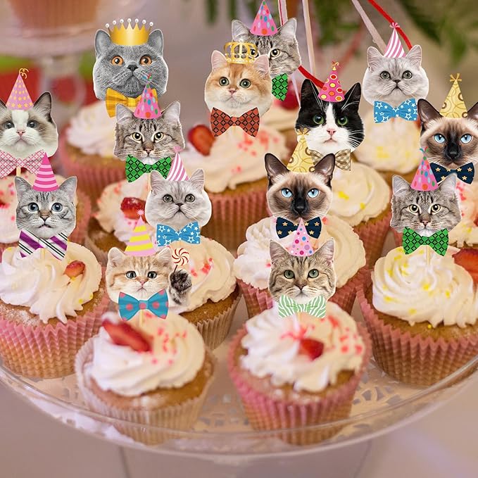 Cat Birthday Party Decorations - 40PCS Cute Cats Face Cupcake Toppers Decor Supplies for Pet Birthday Baby Shower