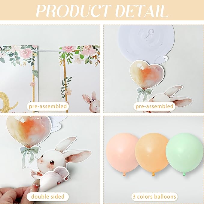 Bunny Birthday Decorations Kit, 36PCS Easter Bunny Party Supplies with Happy Birthday Banner, Hanging Swirls Ceiling Decoration and Balloons for Girls Baby Shower Rabbit Themed Party