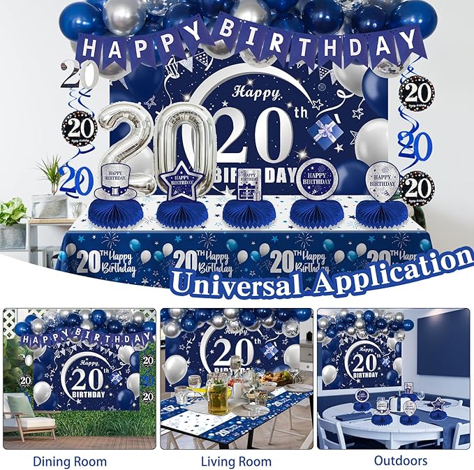 20th Birthday Decorations for Men Women, 54 PCS Happy 20 Balloon Numbers Set for Boys, Blue 20 Year Old Birthday Party Supplies with Bday Tablecloth Banner Honeycomb Centerpieces Hanging Swirls