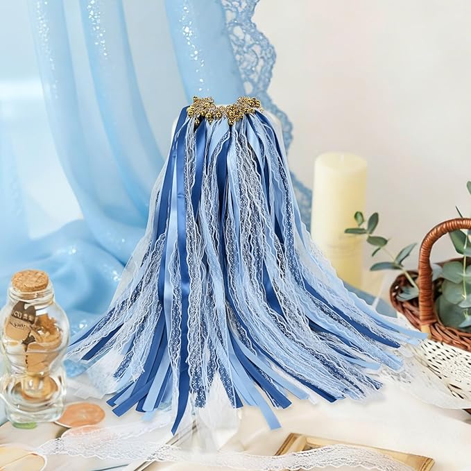 50Pcs Ribbon Sticks Wands Streamers with Bells Silk Fairy Stick Party Ribbon Streamers for Wedding Party, Birthday and Holiday Activities-Blue