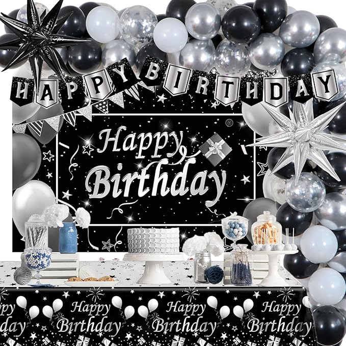 Silver and Black Birthday Decorations for Men Women Boys Girls 80 PCS White Black and Silver Party Decorations Happy Birthday Backdrop Banner Confetti Star White Balloon Arch Tablecloth Party Supplies