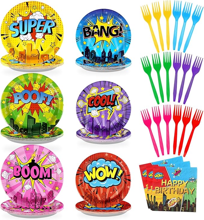96Pcs Super Theme Hero Party Decorations Colorful Comic Hero Plates and Napkins Dessert Tableware Sets Super Theme Hero Birthday Decorations Favors for Kids Baby Shower Spider Party Supplies Serve 24