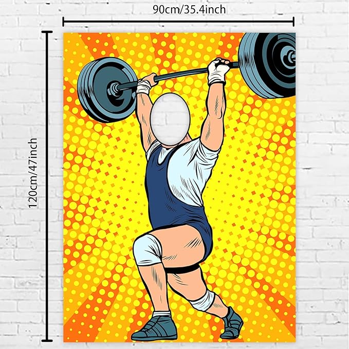 Weight Lifting Banner Pretend Play Party Backdrop Large Weightlifter Face Sports Workout Gym Fitness Theme Decor Decorations for Boys Men Home Gym Party Cross Fit Party Birthday Party Supplies Gift