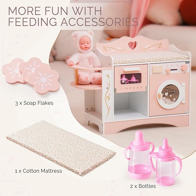 ROBOTIME Wooden 6-in-1 Baby Doll Changing Table with Baby Doll Crib, Washing Machine, Bottle Sterilizer, Storage Area, and Doll Seat, Ideal Role-Playing Toy for Kids 3+, Fits Dolls Up to 20 in, Pink