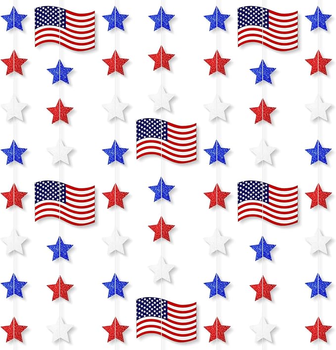 MARFOREVER 4th of July Decorations, 41Ft 5 Pcs Red White and Blue Decorations Pre-Strung Patriotic Star Garland Banner for American Independence Labor Veterans Memorial Day Party Decorations Supplies