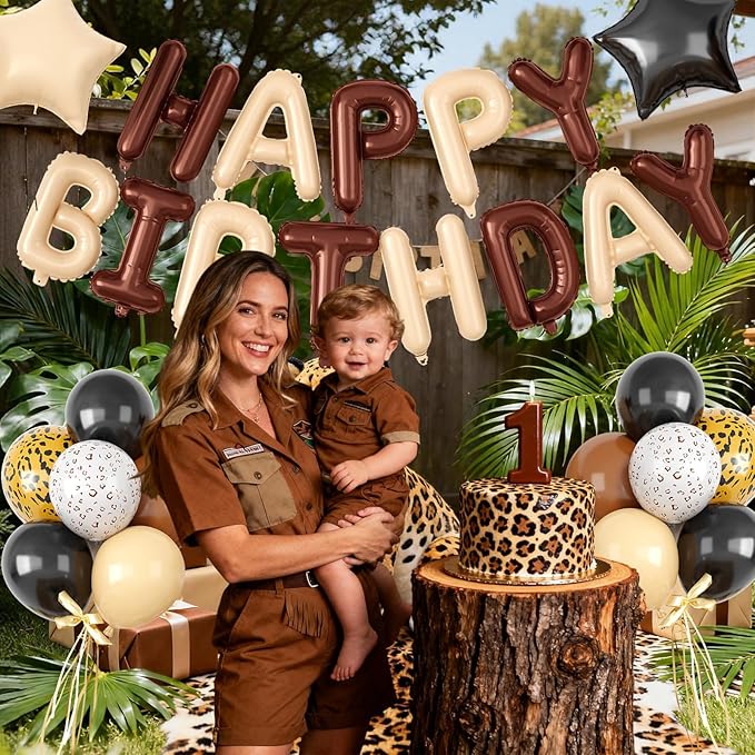 29PC Cream Brown Leopard Happy Birthday Balloon Banner, 16Inch 3D Aluminum Letter Banner Sign, Gold White Cheetah Printed 18 Inch Black Brown Star Foil Balloons for Leopard Cheetah Party Decorations