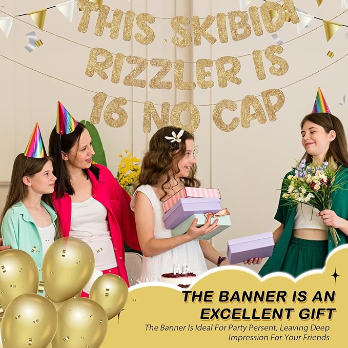 Fulmoon Pre Strung This Skibidi Rizzler Is 16 No Cap Glitter Banner 16th Birthday Party Decorations, Funny Birthday Sign, Party Supplies, Ideas, Gifts, Champagne Gold