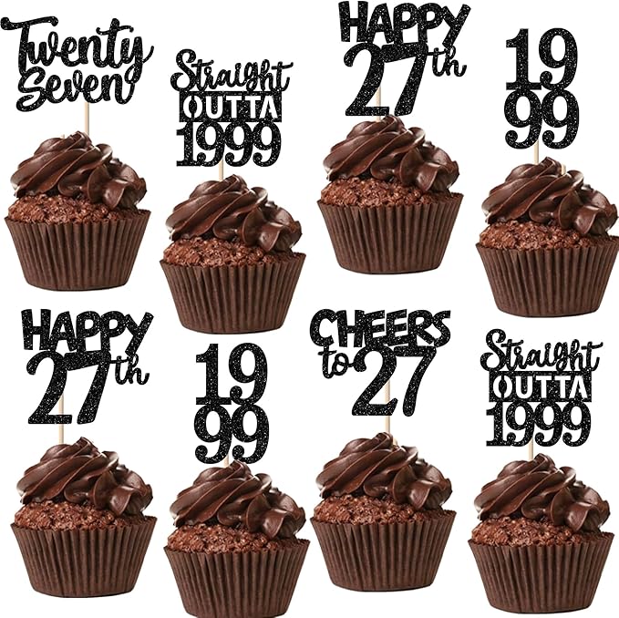 30PCS Black 27th Birthday Cupcake Toppers Glitter Twenty Seven Happy 27th Straight Outta 1999 Cupcake Picks for Cheers to 27 Years Birthday Wedding Anniversary Party Cake Decorations Supplies