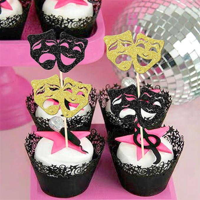24 PCS Theatrical Mask Cupcake Toppers Glitter Comedy Movie Night Cupcake Picks for Film Festival Theme Birthday Party Cake Decorations Supplies Black Gold