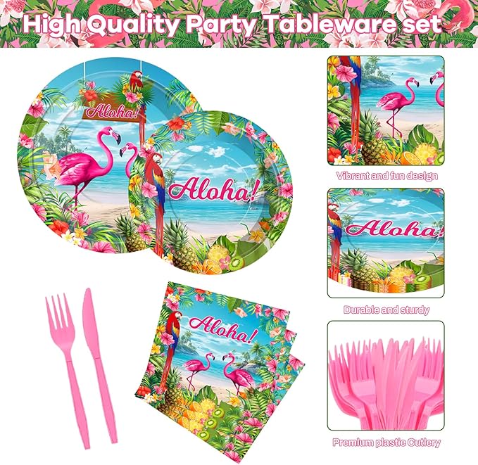 Flamingo Party Supplies 144 PCS, Tropical Hawaiian Luau Decorations Set, Aloha Paper Plates Cups Napkins Tableware for Birthday, Baby Shower, Garden & Beach Parties