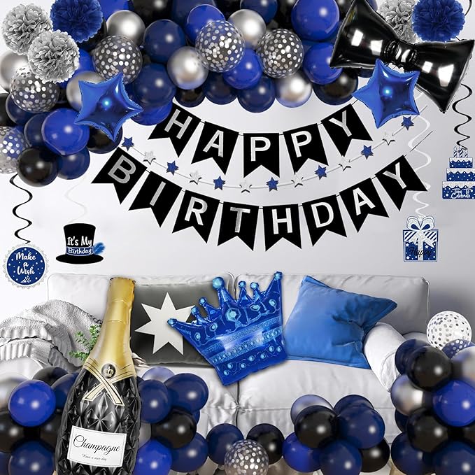 Ouddy Life 91Pcs Blue and Black Happy Birthday Decorations for Men with Happy Birthday Banner Confetti Foil Balloons Fringe Curtain Hanging Swirl for 21st, 25th, 27th 40th Birthday Party Supplies