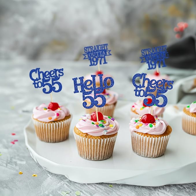 Ephlyn 24Pcs 55th Birthday Cupcake Toppers Glitter Straight Outta 1971 Cupcake Picks Hello 55 Cheers to 55 Years Cake Decorations for 55th Birthday Anniversary Party Decorations Supplies Blue