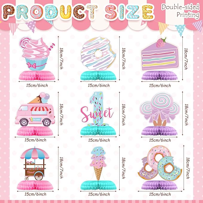 Hotop 9 Pcs Donut 1st Sweet Birthday Party Decorations One Table Honeycomb Centerpieces Table Topper First Doughnut Birthday Sign Decor for Girls Christmas Party Supplies Baby Shower