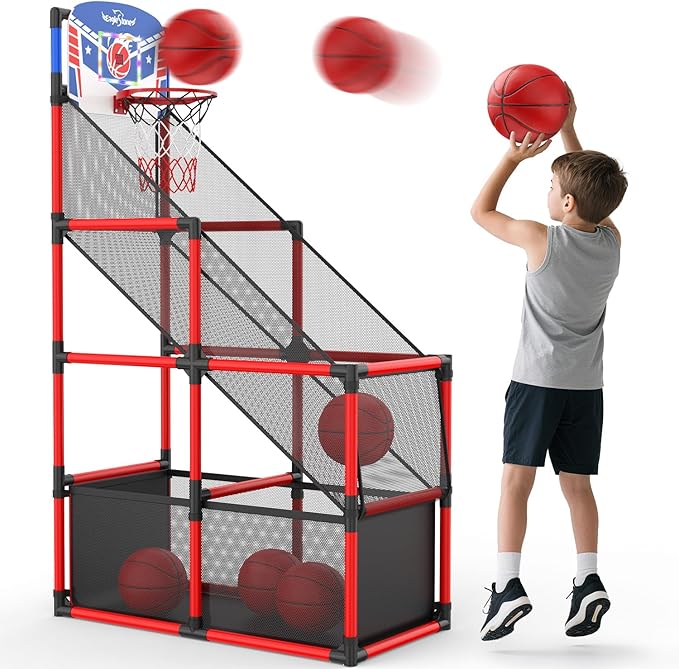 EagleStone Kids Adjustable Arcade Basketball Hoop with LED Lights & Scoreboard, 4 Balls Ball Storage Net, Indoor Outdoor Carnival Basketball Game Set for Boys & Girls Ages 3-12, Pump Included