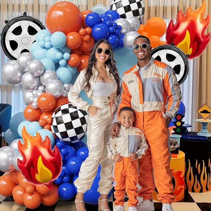 141PCS Blue Orange Race Car Balloon Arch Kit with Flame Foil Balloons, Monster Truck-Inspired Birthday Decorations, Tire Balloons, Racing Party Supplies for Boys, Balloon Garland Kit