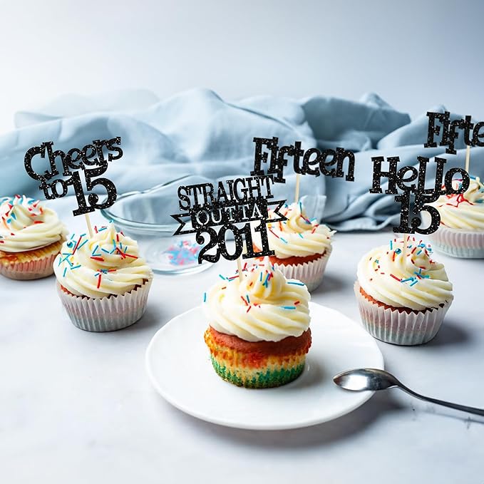 Ephlyn 24Pcs 15th Birthday Cupcake Toppers Glitter Straight Outta 2011 Cupcake Picks Hello 15 Cheers to 15 Years Cake Decorations for 15th Birthday Anniversary Party Decorations Supplies Black