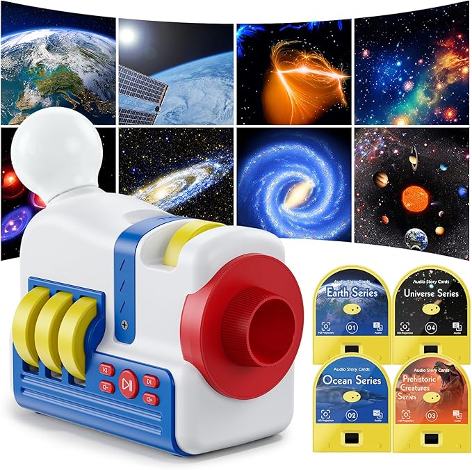 Story Projector for Kids, Bedtime Projector Machine with Voice Narration, 4 Science Themed Story Slides, Adjustable Focus, Night Light, Toy Gift for Toddlers Boys & Girls Ages 3+