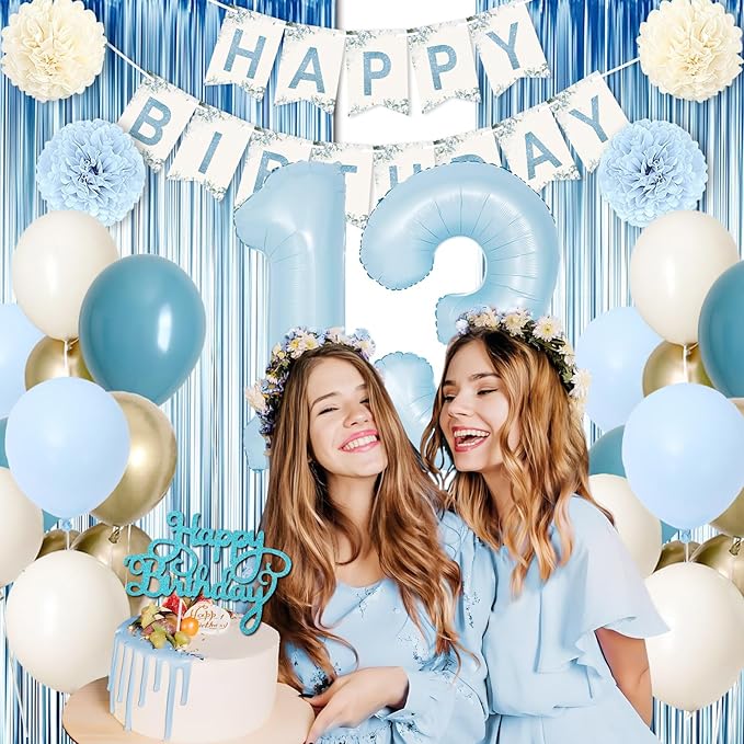 13th Birthday Decorations for Girls, Blue Official Teenager Decorations Light Blue White Gold Balloons Happy Birthday Banner Tablecloth Fringe Curtain Cake Topper Paper Pom Poms 13 Bday Boys Girls