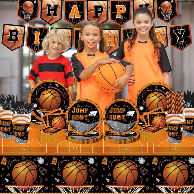 MEHOFOND 194pcs Basketball Party Plates and Napkins Set Birthday Party Decorations Sports Party Supplies Basketball Tableware with Tablecloth Banner for Boy Birthday Party Decor