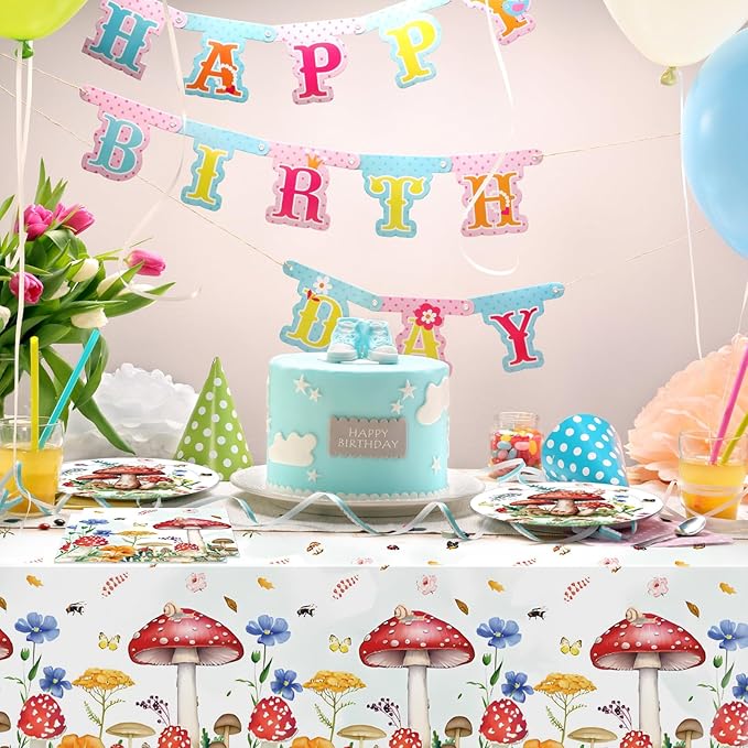 41Pcs Mushroom Birthday Decorations Enchanted Forest Party Tableware Set Wonderland Wildflower Mushroom Paper Plates Napkins Tablecloth丨Baby Shower Fairy Tale Party Cottagecore Party Decor,Serve 20