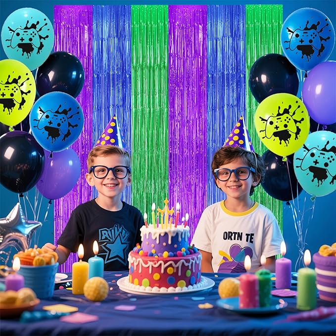 22pcs Video Game Birthday Decorations, Purple Blue Green 3.3x8.2ft Tinsel Foil Fringe Curtains Banners and Multicolour Balloons for Cartoon Gaming Theme Party Decorations Boys and Kids Party Supplies
