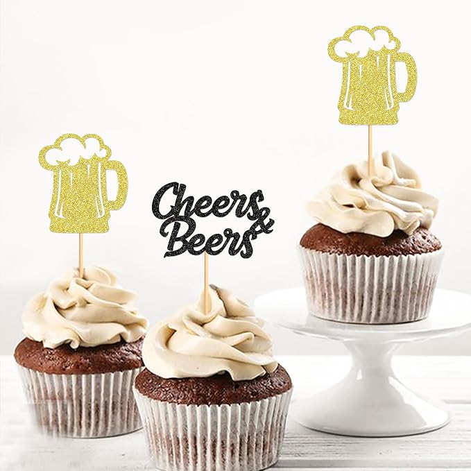 Ercadio 24 PCS Beer Party Cupcake Toppers Cheers and Beers Happy Birthday Decor for Father's Day Whiskey Beer Cake Topper Favor for Summer Family Party Decor Supplies