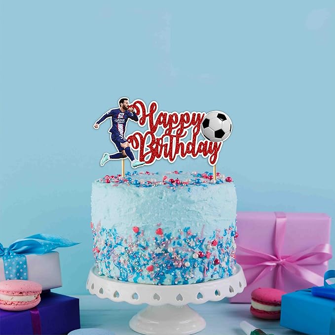 Soccer Football Happy Birthday Cake Topper – Sports Theme Goal Party Cake Decoration, Green Field & Ball Design Birthday Cake Pick for Celebration Supplies