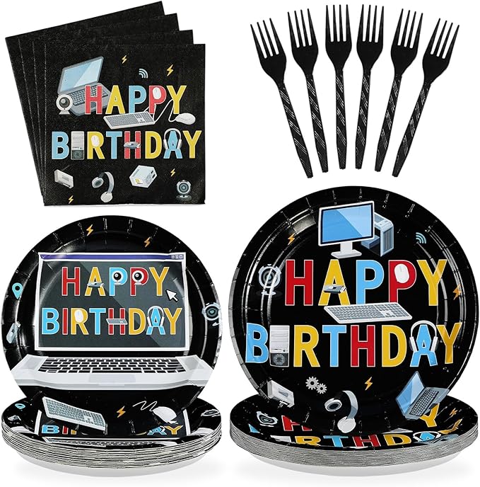 96Pcs Computer Birthday Party Decorations Computer Themed Plates and Napkins Intelligence PC Tableware Set for Boy Girl Birthday Software Engineering IT Party Supplies，Serves 24