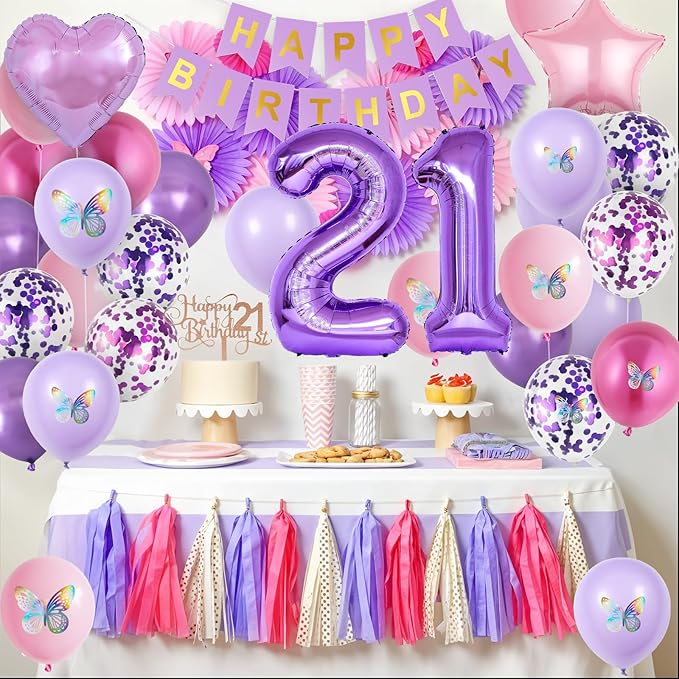 21st Purple Birthday Decorations,Pink Purple 21st Birthday Balloons for Women Butterfly Party Decor with Number 21 Balloons Cake Topper Butterfly Party Supplies for Girls 21st Party Decorations